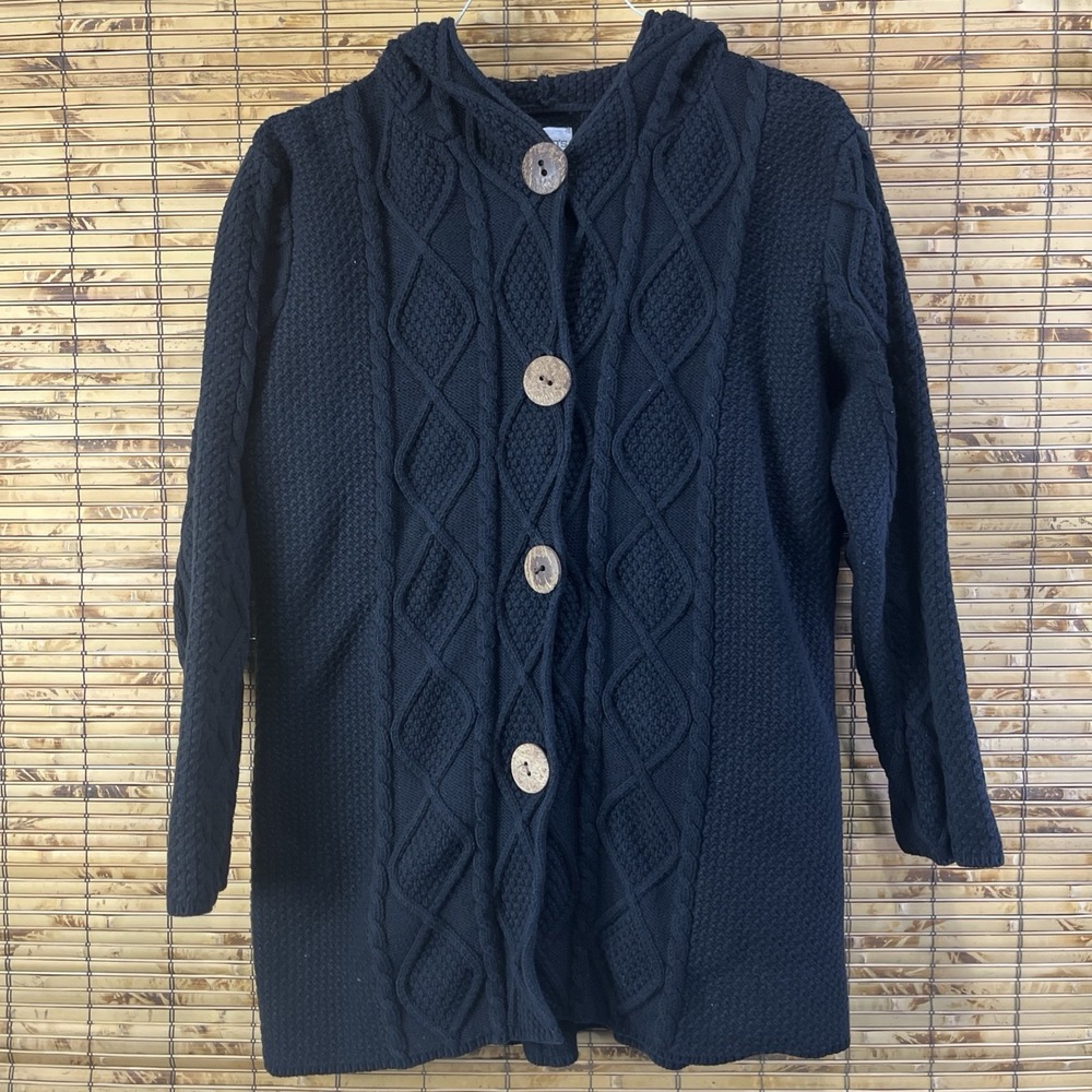 Chicos‎ Hooded Cable Knit Button Cardigan Aran Sweater Black Fisherman Cottage L